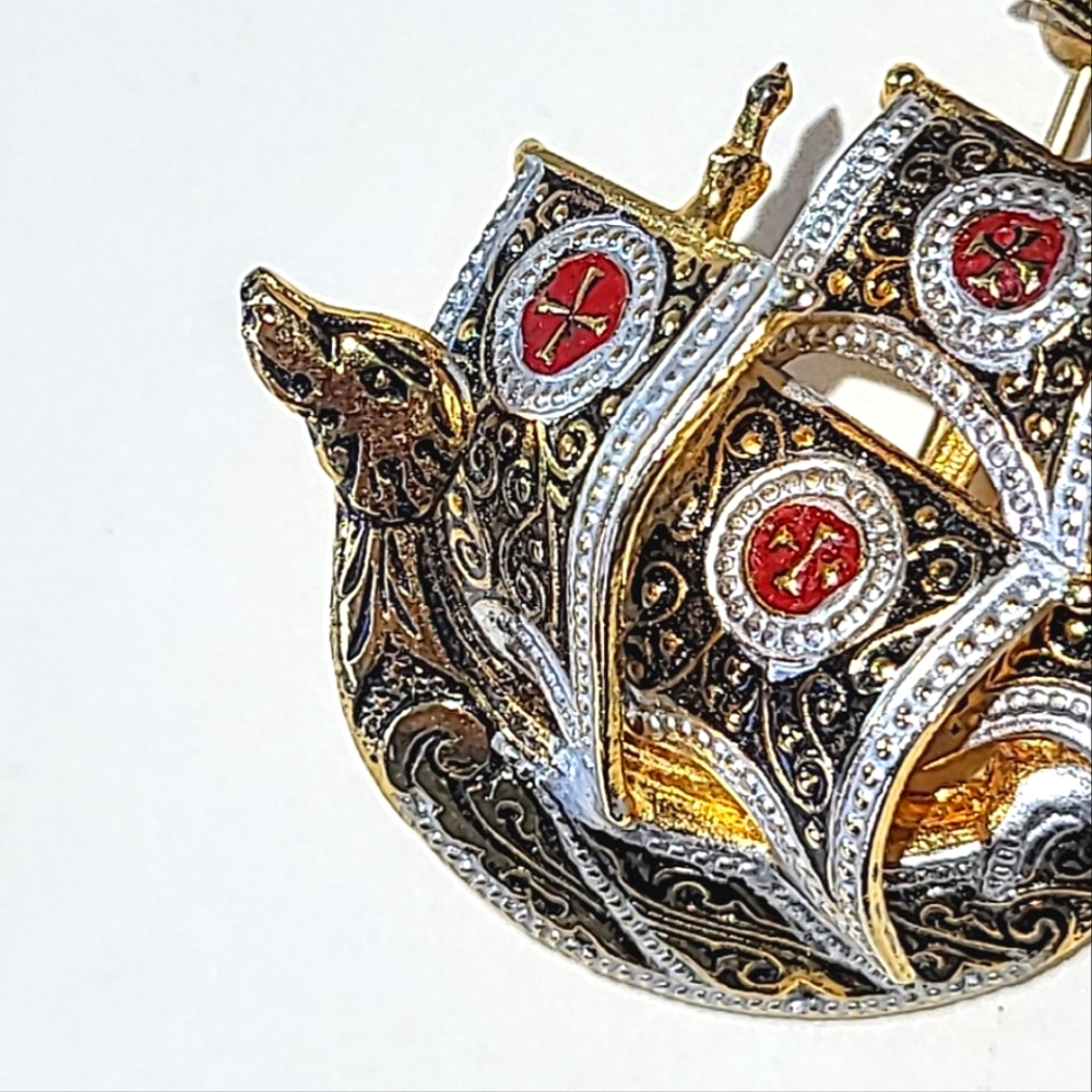 DAMASCENE SPANISH ARMADA SAILING SHIP BROOCHES - PIRATE SHIP, MALTESE CROSS - Picture 7 of 13